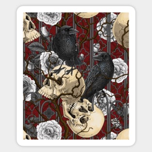 Raven's secret. Dark and moody gothic illustration with human skulls and roses Sticker